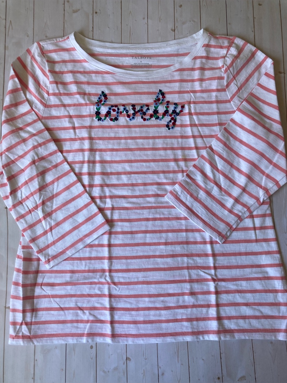 Talbots Women’s XL 100% Cotton Coral Stripe Embroidered Lovely Long Sleeve Top